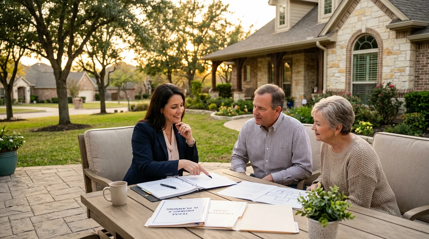 Texas executor reviewing estate documents at a desk before selling inherited property