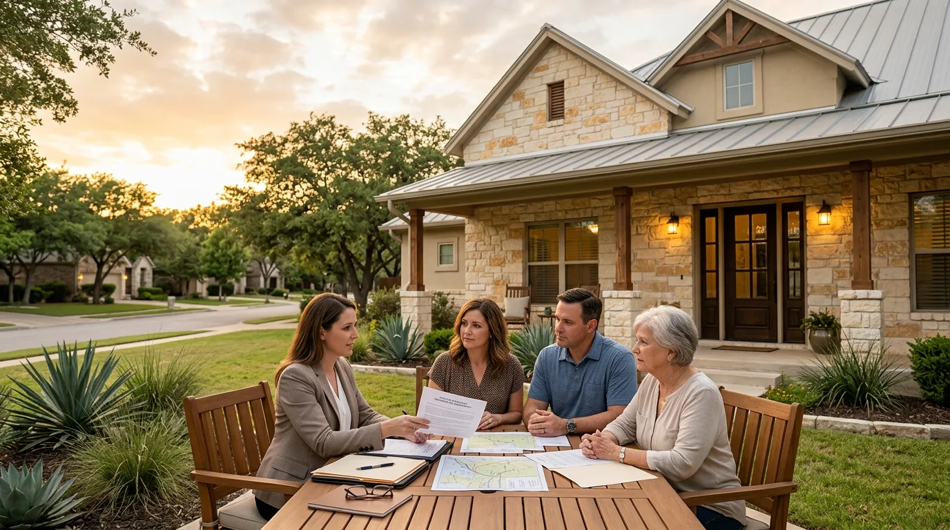 Family members gathered around a table reviewing documents for an inherited Texas property