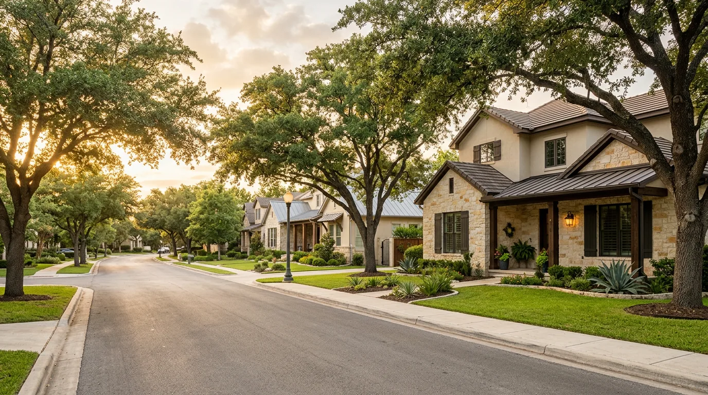 San Antonio Texas neighborhood with Spanish colonial home and oak trees