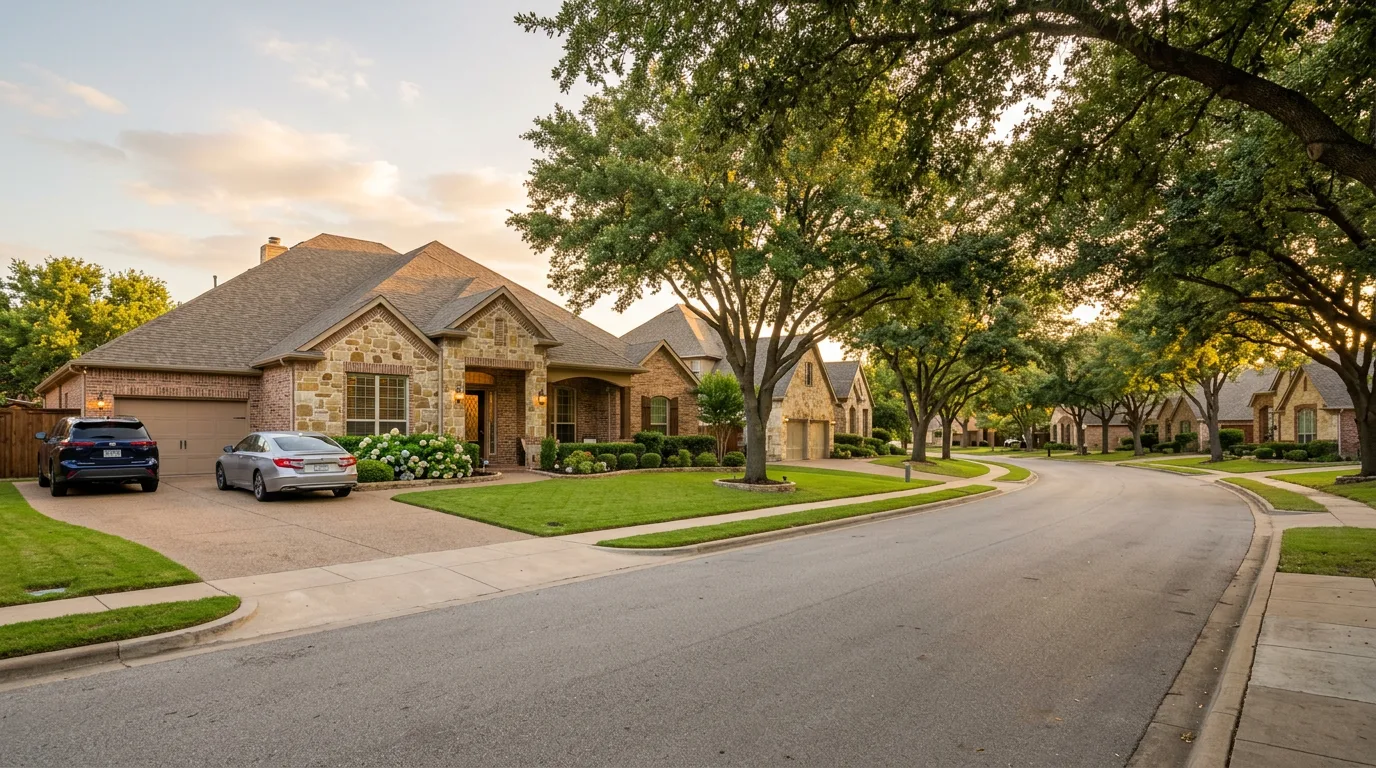 Suburban Collin County Texas neighborhood with brick homes and mature trees on a sunny afternoon
