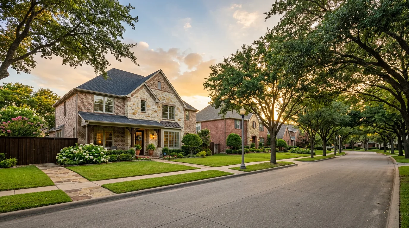 Dallas Texas neighborhood with mature trees and ranch-style home