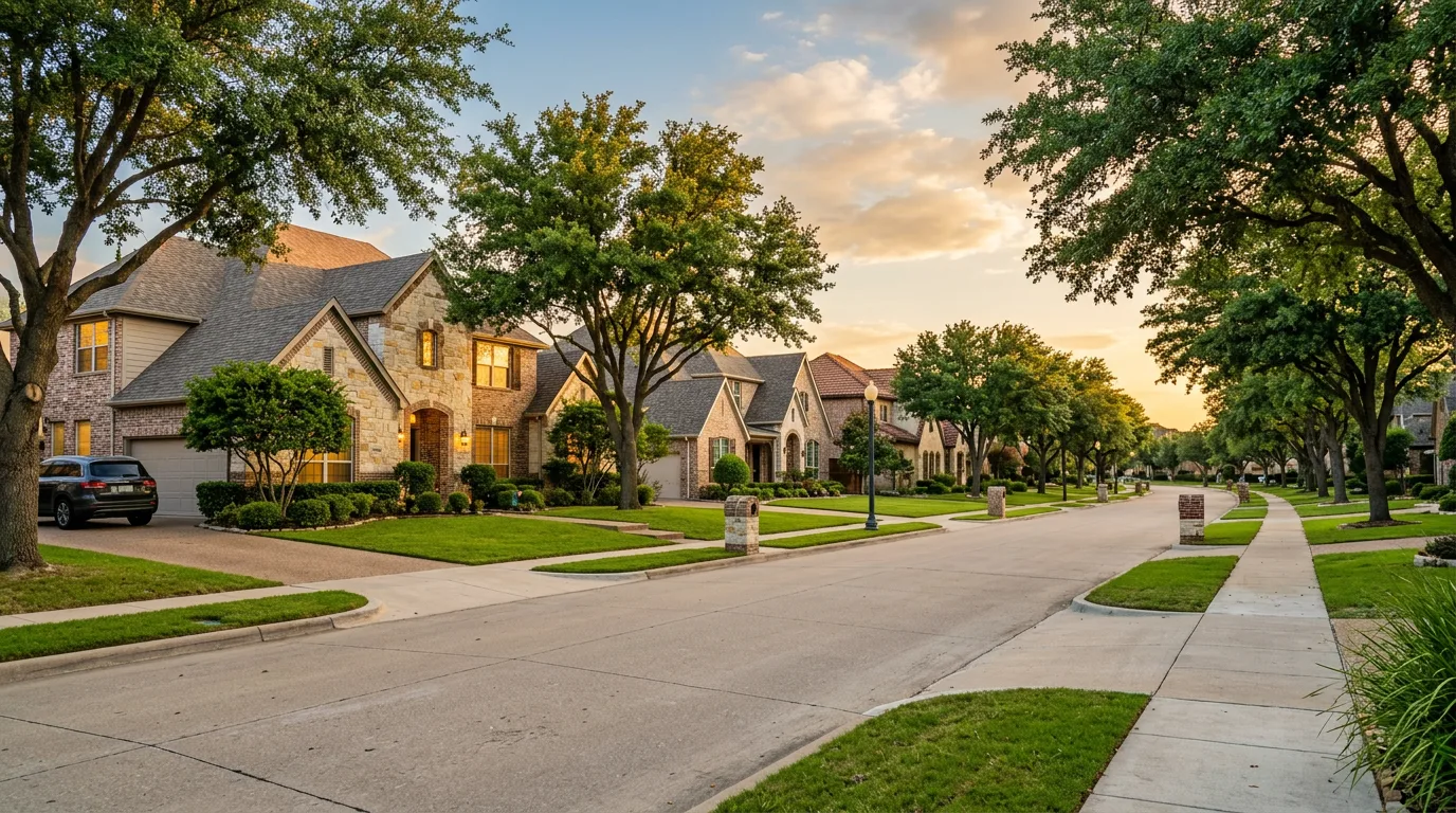 Tree-lined street in Flower Mound Texas with upscale suburban homes representing Denton County probate real estate
