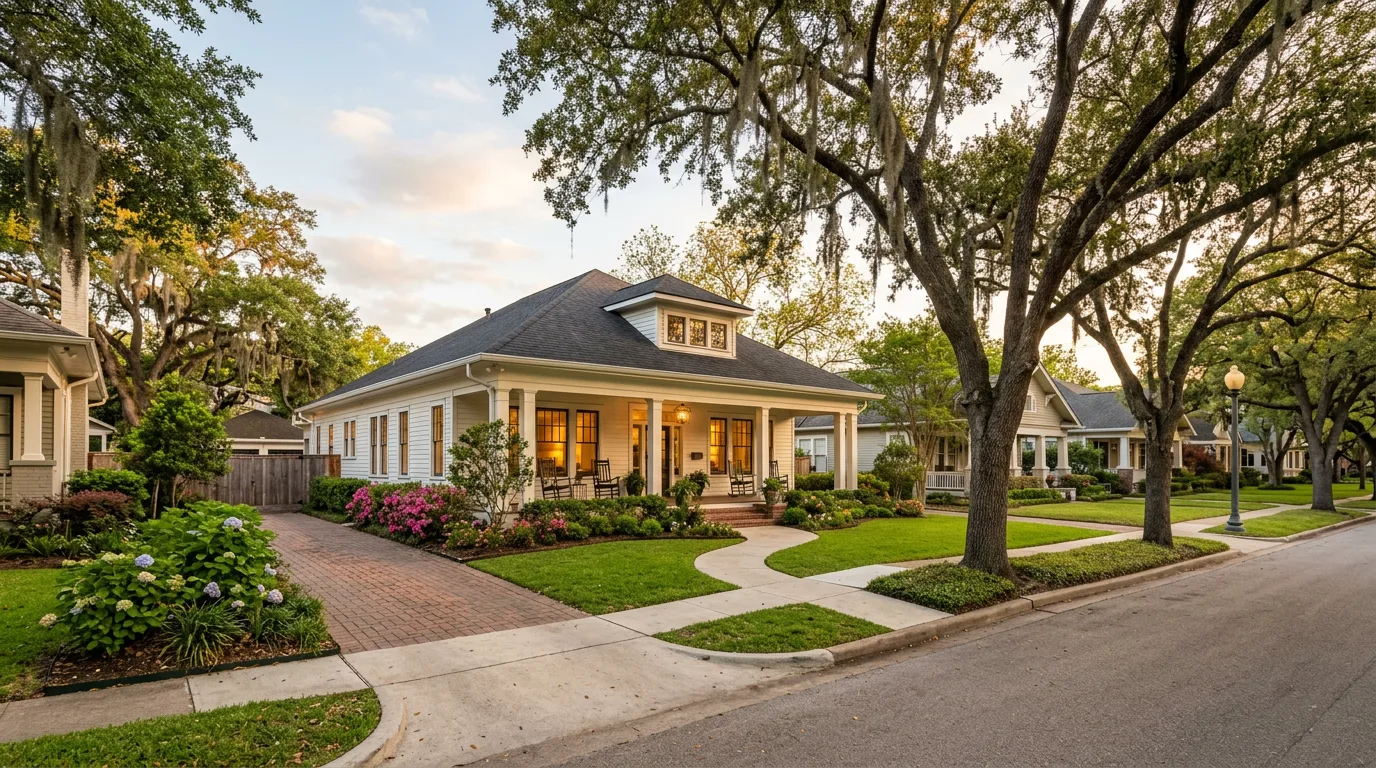 Houston Texas neighborhood with oak trees and brick homes at golden hour