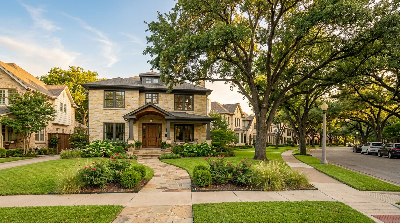 Fort Worth Texas neighborhood with craftsman homes and live oak trees at golden hour