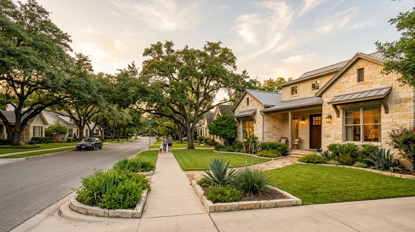 Austin Texas neighborhood with oak trees and craftsman bungalow at golden hour
