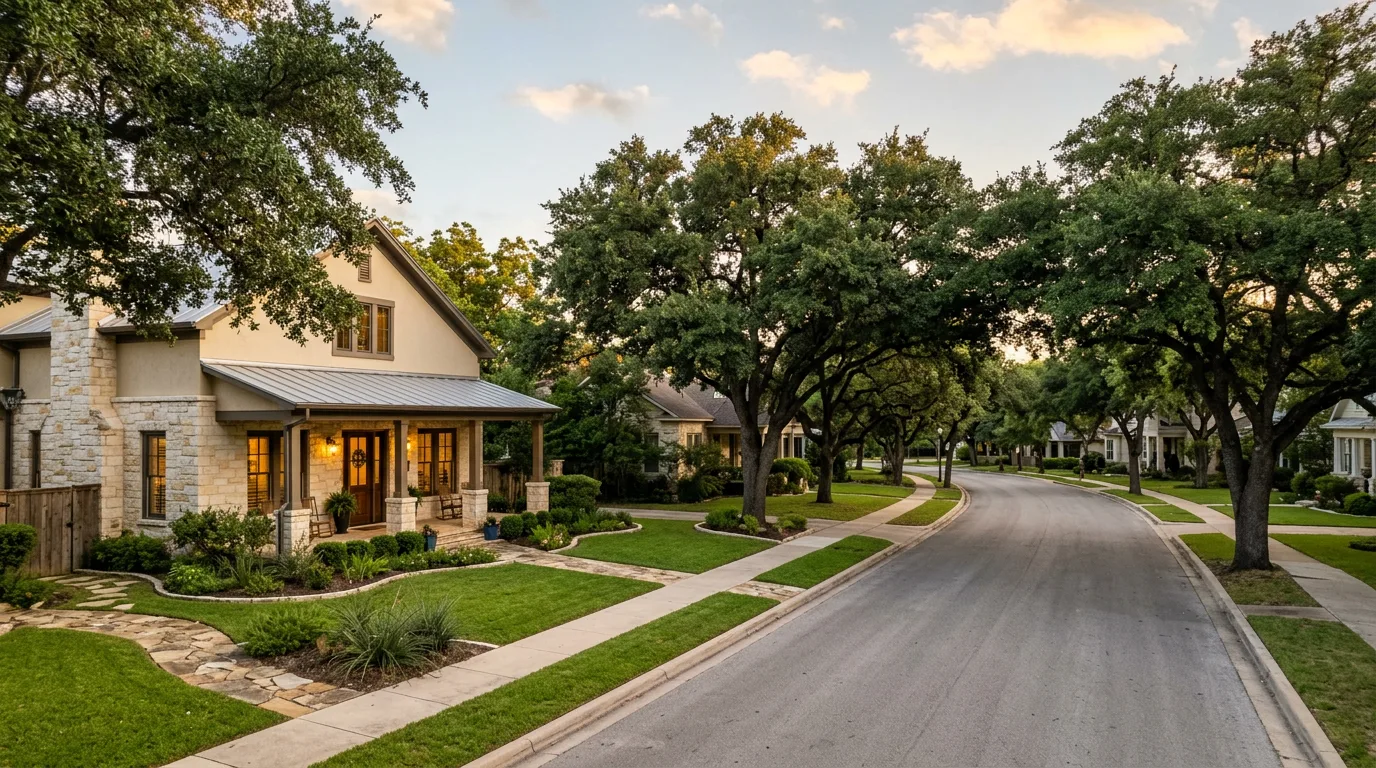 Georgetown Texas neighborhood with limestone homes and live oak trees